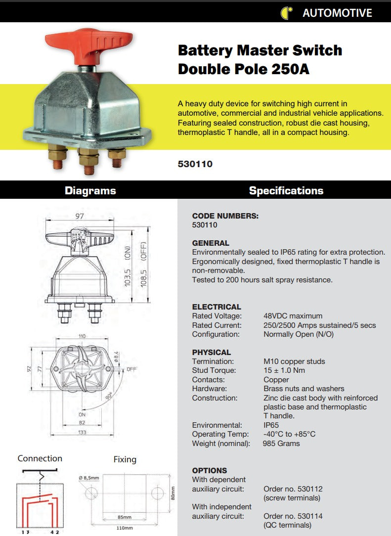 530112 Battery Master Switch, 250A — Handle Pin Missing