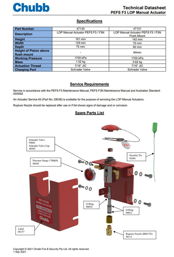 Chubb PEFS F3 LOP Manual Actuator 47130