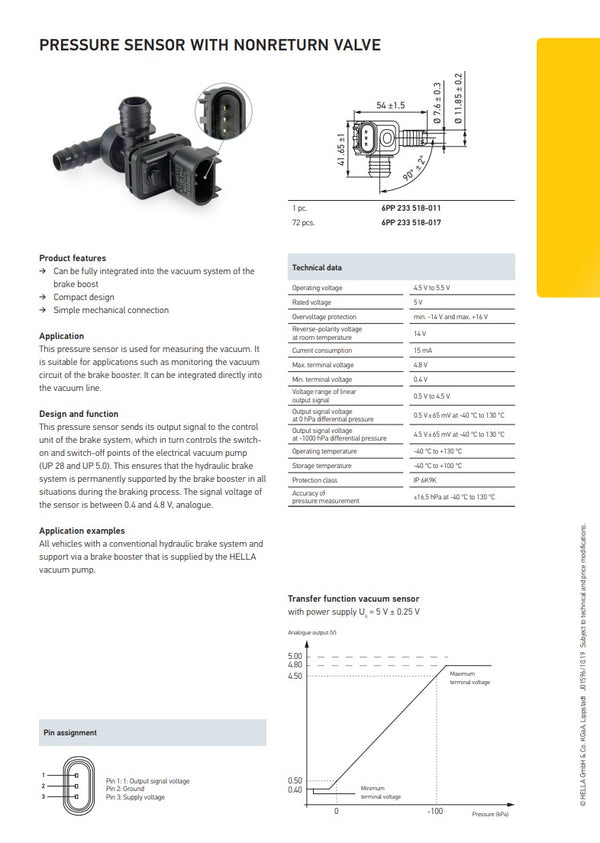 Hella 6PP233518011 Pressure Sensor, Brake Booster