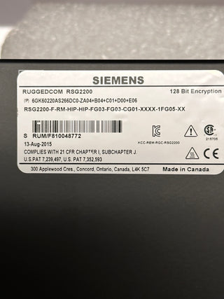 RUGGEDCOM RSG2200 / 6GK6022-0AS2 Modular Gigabit Ethernet Switch 128 BIT ENCRYTION