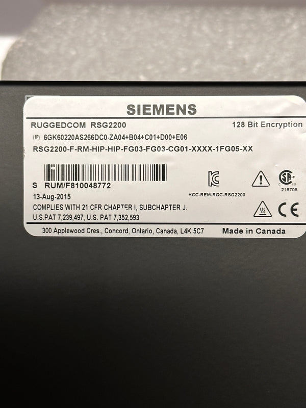 RUGGEDCOM RSG2200 / 6GK6022-0AS2 Modular Gigabit Ethernet Switch 128 BIT ENCRYTION