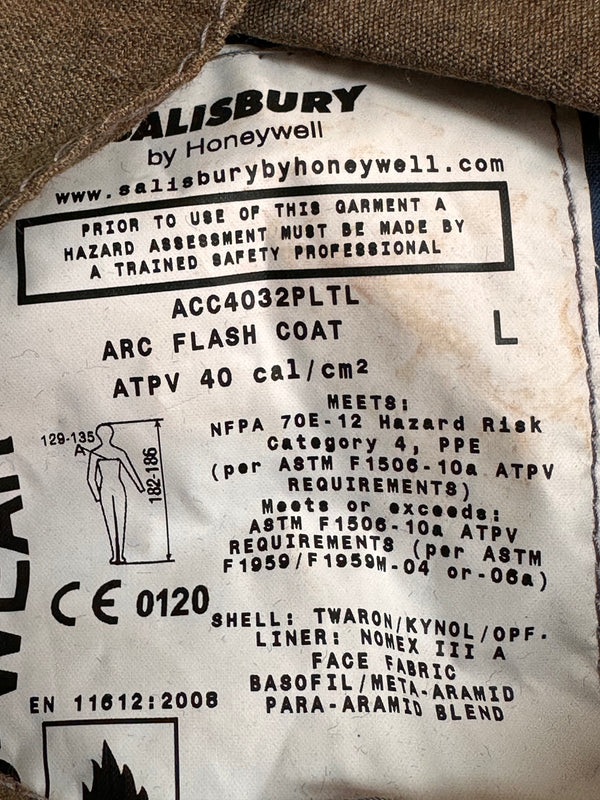 Salisbury Arc Flash Coat, 40 Cal, Size Large