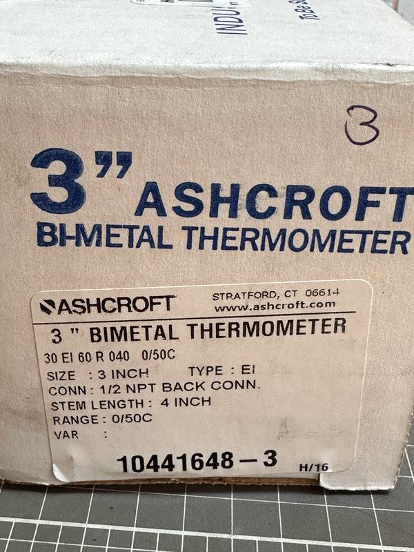 Ashcroft Bimetal 3" Thermometer 30 EI 60 R 040 0/50°C