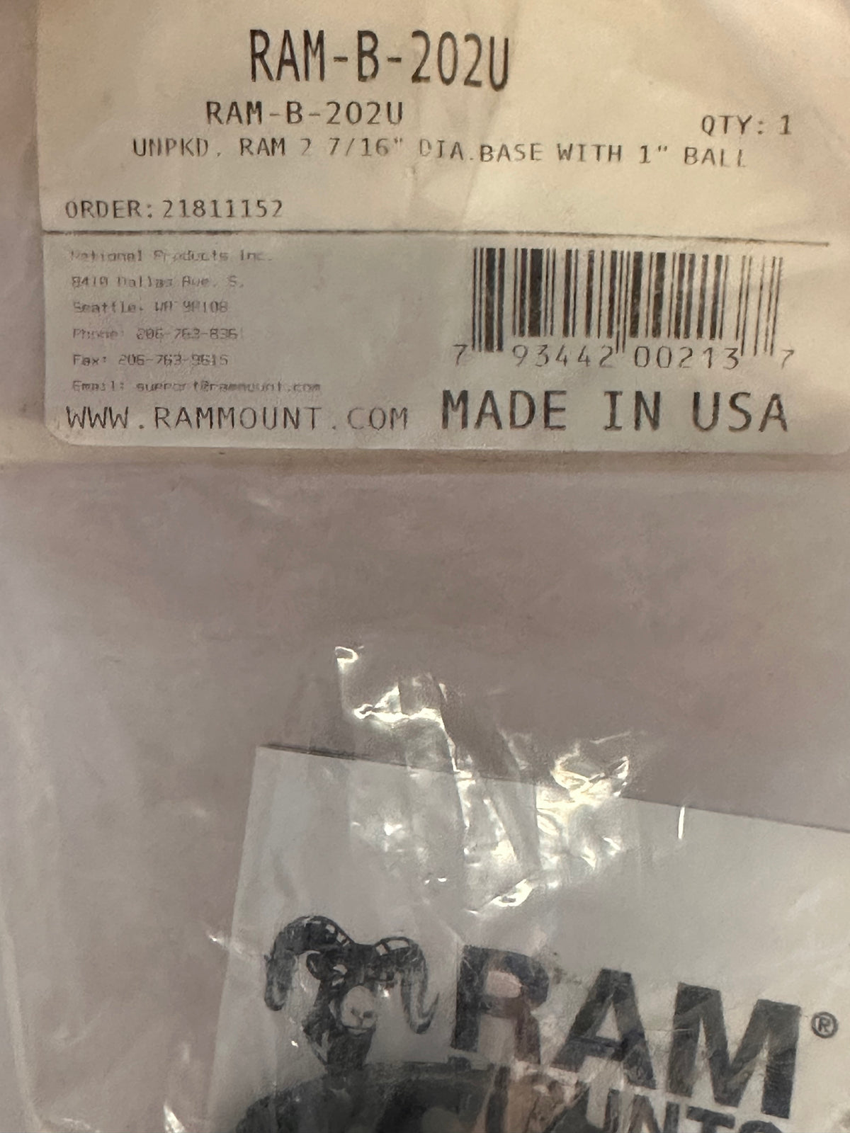 RAM® Mounts RAM-B-202U Round Plate with Ball - B Size