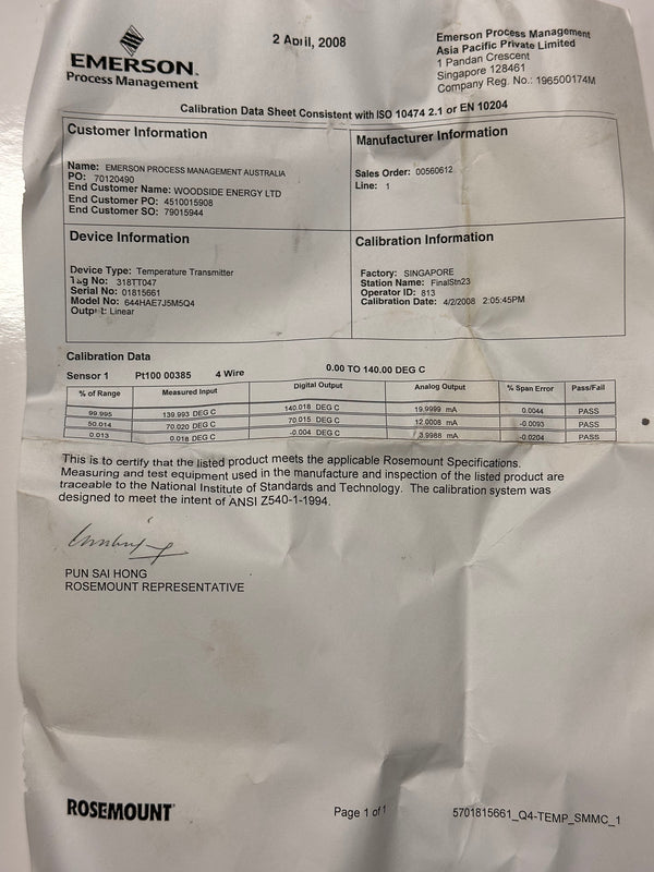 ROSEMOUNT 644H Temperature Transmitter 0-140°C