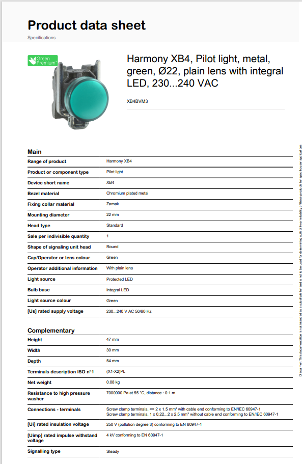XB4BVM3 Harmony Pilot light, 230-240 VAC (Green)