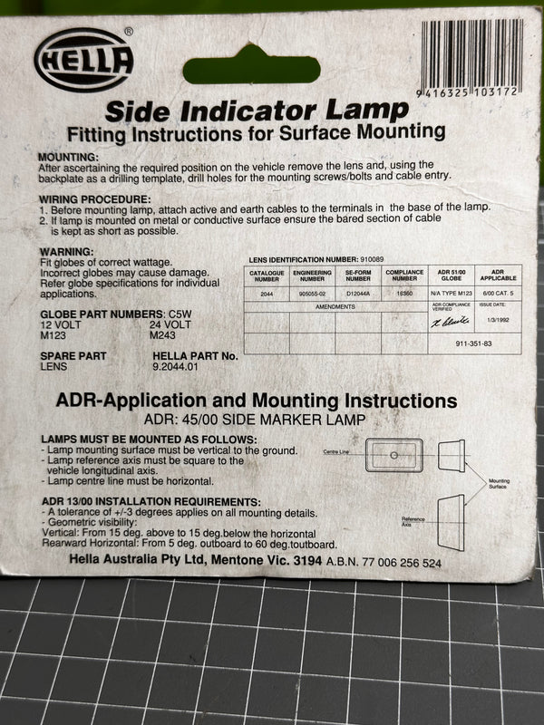 HELLA 2044 Side Direction Indicator Lamp, Amber