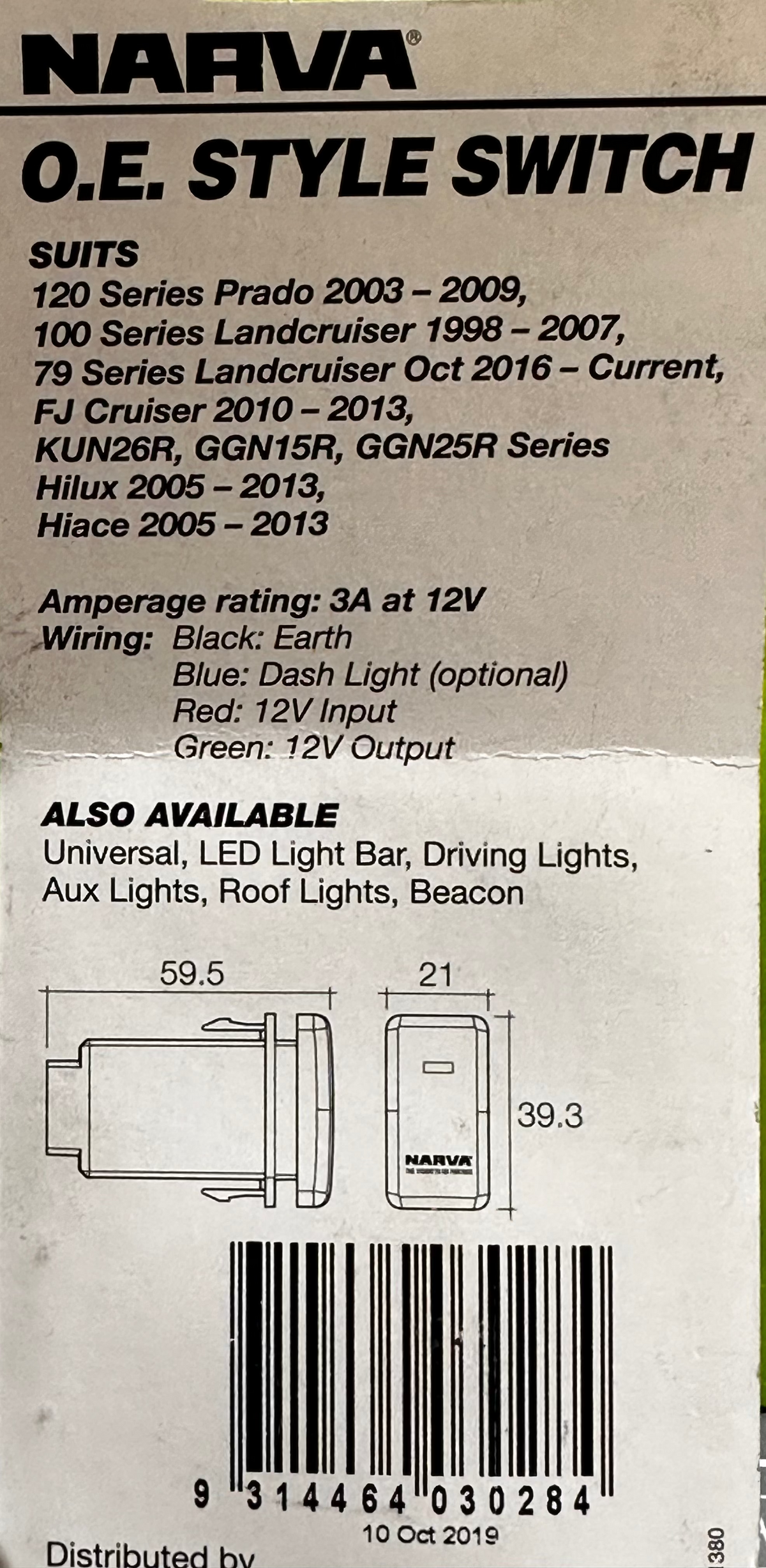 Narva 63320BL 12V Roof Lights ON/OFF Switch – Blue Illuminated