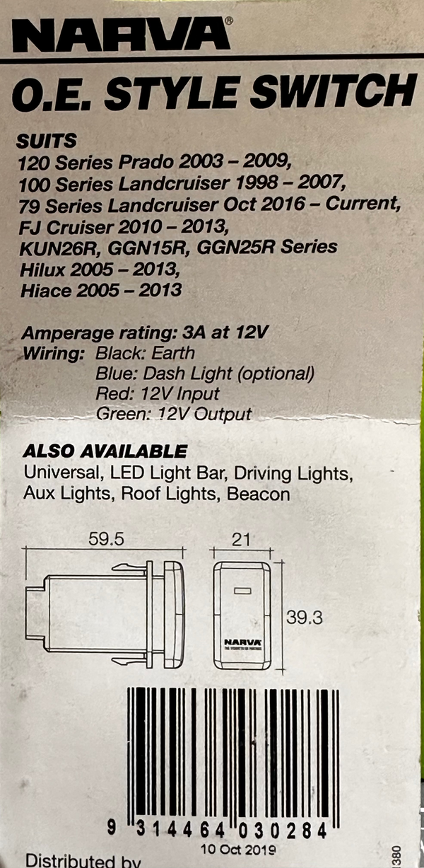 Narva 63320BL O.E Style 12V Switch-Roof Lights ON/OFF Illuminated (Blue)