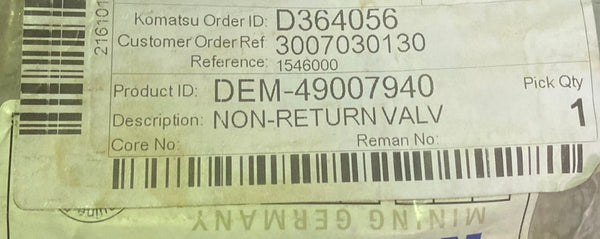 KOMATSU NON-RETURN VALVE 49007940