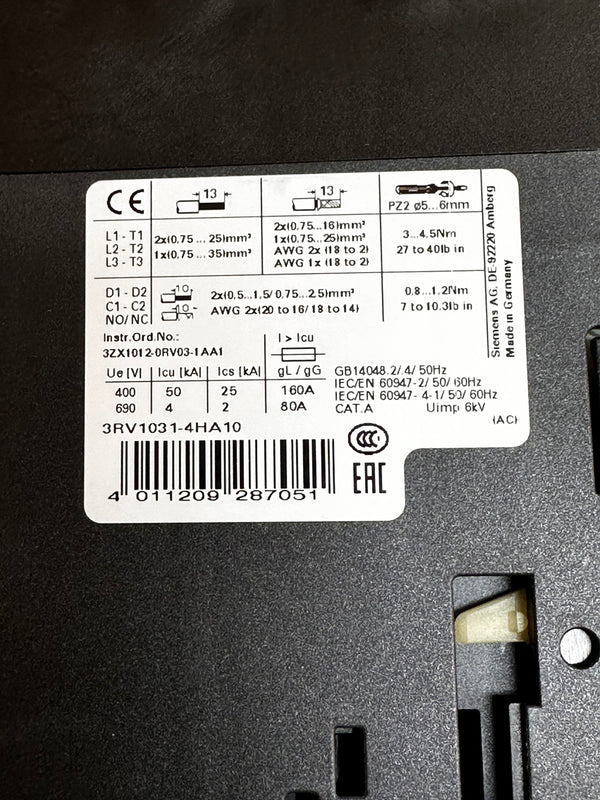 Siemens Sirius 3RV1031-4HA10 Circuit Breaker for Motor Protection