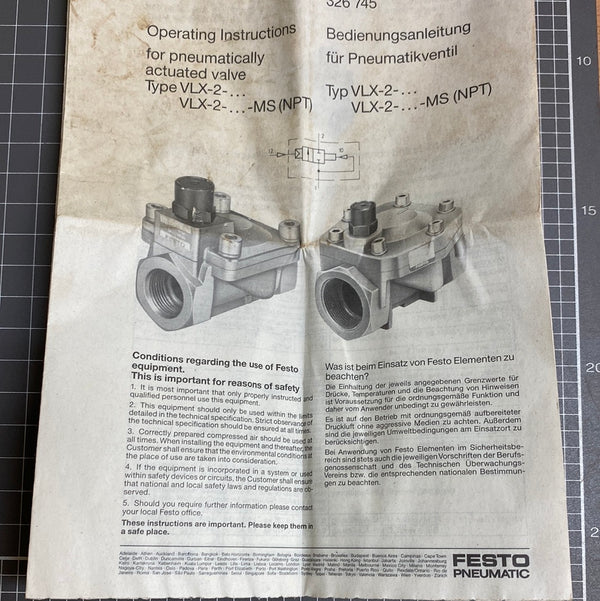 FESTO VLX-2-1-MS-NBR  2/2-Way Indirectly Actuated Directional Control Valve