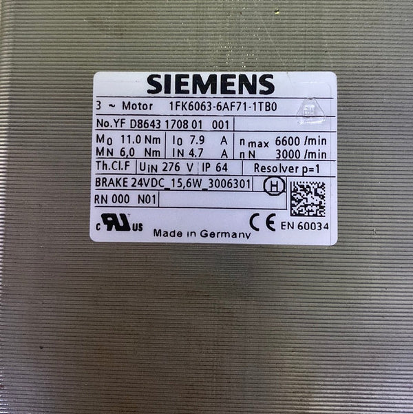 SIEMENS 1FK6063-6AF71-1TB0 SYNCHRONOUS SERVO-MOTOR