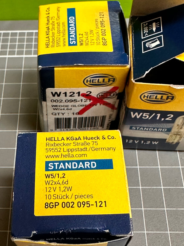 Hella W121.2 12V Wedge Base Bulb 4.6mm, box of 10 8GP 002 095-121