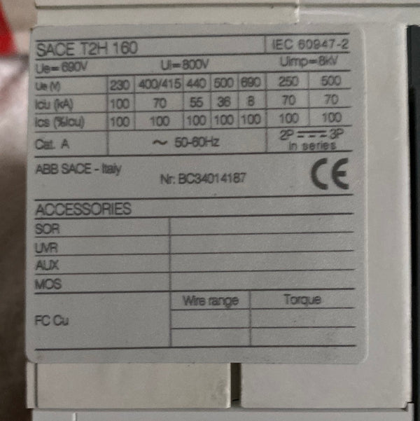 ABB SACE TMAX T2H 160 Moulded Case Circuit Breaker for Industrial Use 1SDA051224R1 **NEW**