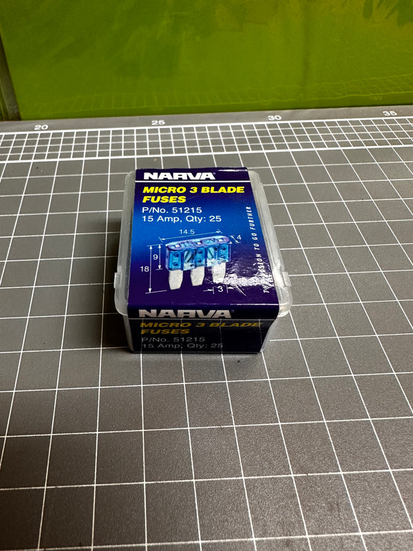 NARVA 15Amp Blue Micro 3 Blade Fuses, 51215, Box of 25
