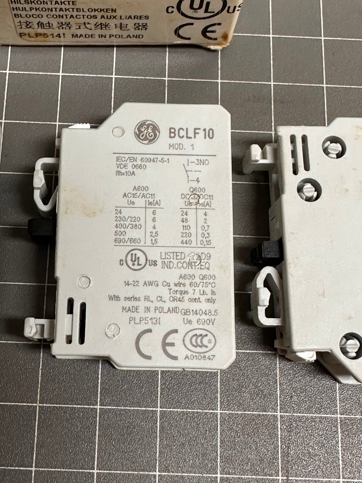 GE BCLF10 Front-Mount Auxiliary Contact Blocks – 1NO, Box of 6