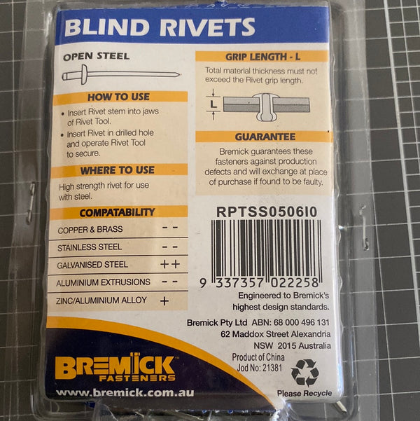 Bremick Rivet Chart Bremick RPTSS 5.6 Blind Rivets Open Steel - 5 packets of 100 | Mining ...
