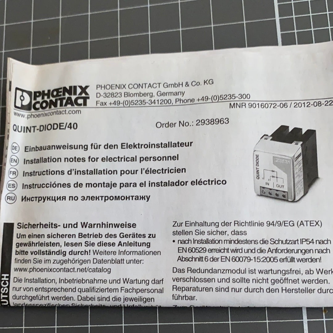 Phoenix Contact QUINT-DIODE/40 Redundancy Module – 2938963