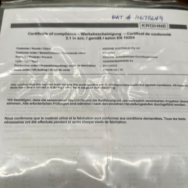 KROHNE Flowmeter H250/RR/M40R/ESK-Ex