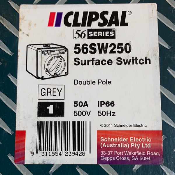 Clipsal 56SW250 Surface Switch, Double Pole, Grey, 56 Series