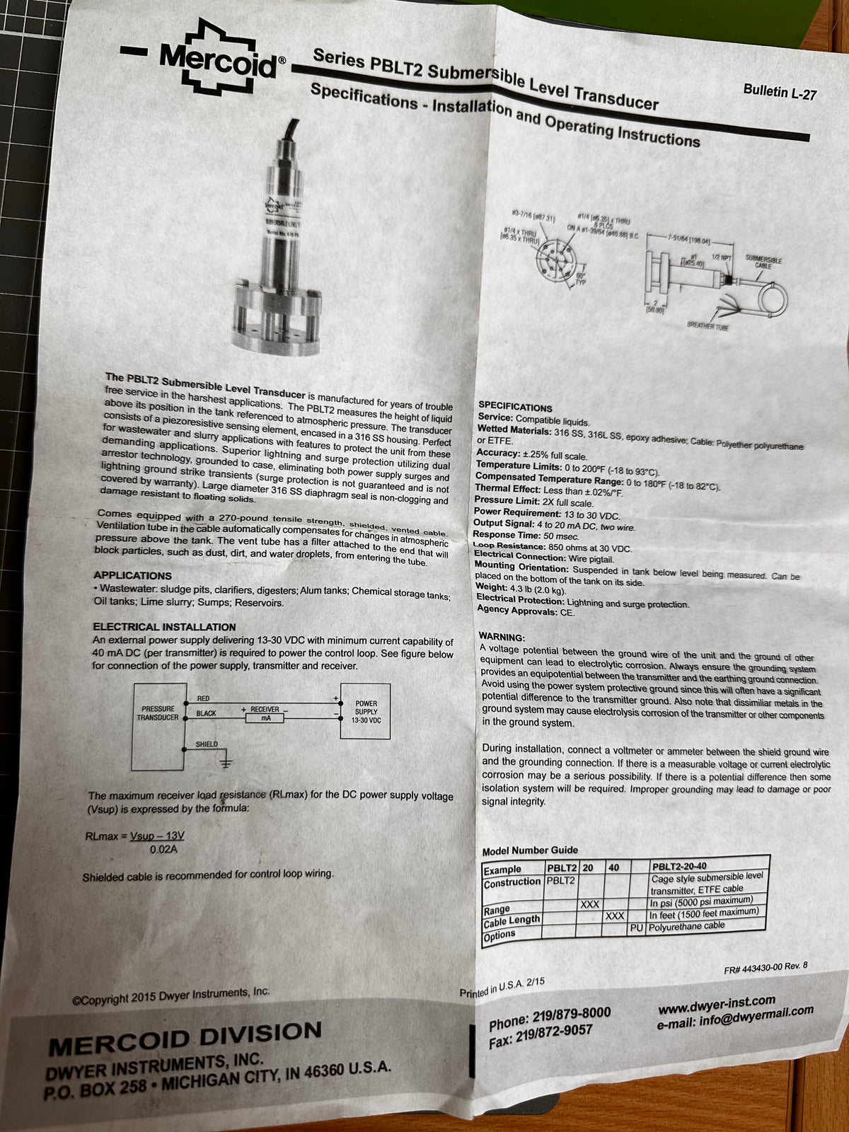 MERCOID PBLT2-3.5M-5M-PU Series Submersible Level Transducer