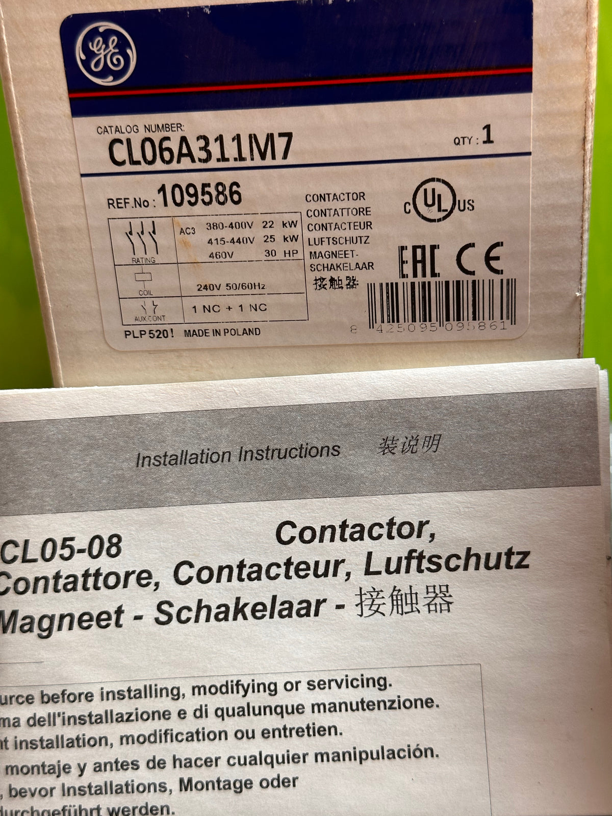 GE CL06A311M7 3-Pole Contactor - 240V AC Coil