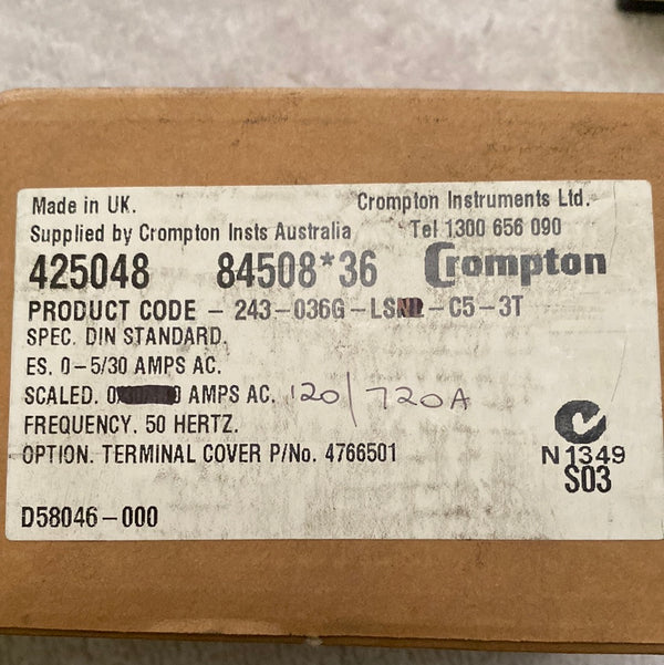 Crompton 243-036G-LS2C5 3T 120/720 AC AMP METER
