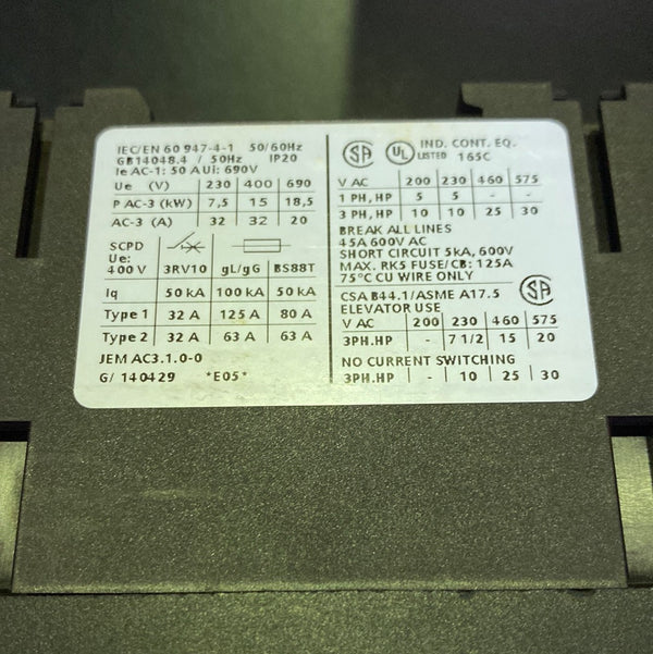 SIEMENS SIRIUS 3RT1034-3BB40 Power Contactor