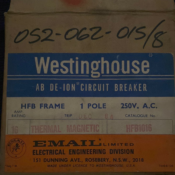 WESTINGHOUSE AB DE ION CIRCUIT BREAKER HFB1016