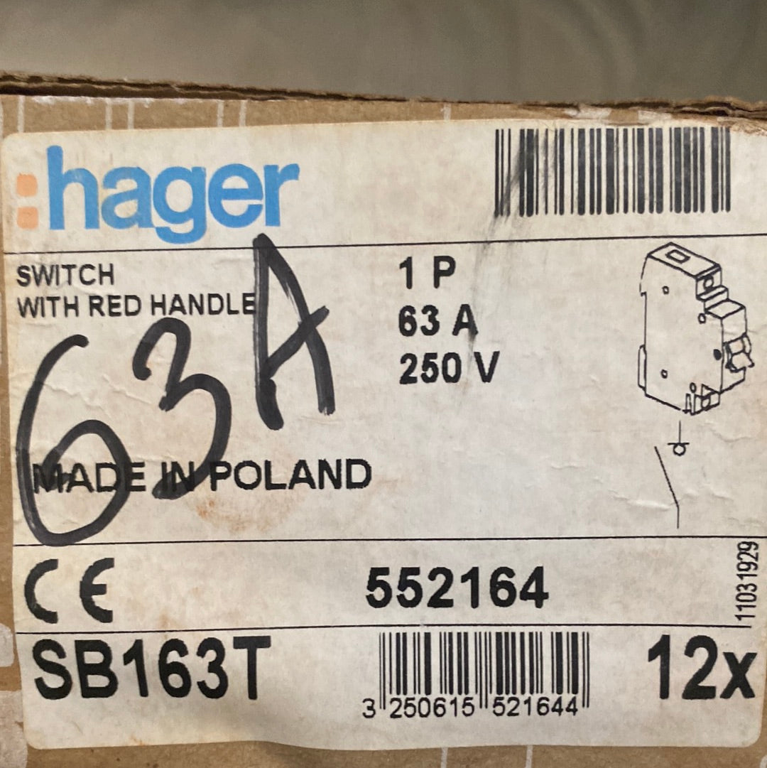 Hager SB 163T 63A Modular Switch with Red Toggle