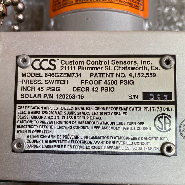 Custom Control Sensors Inc. Pressure Switch 120263-16 / 646GZE