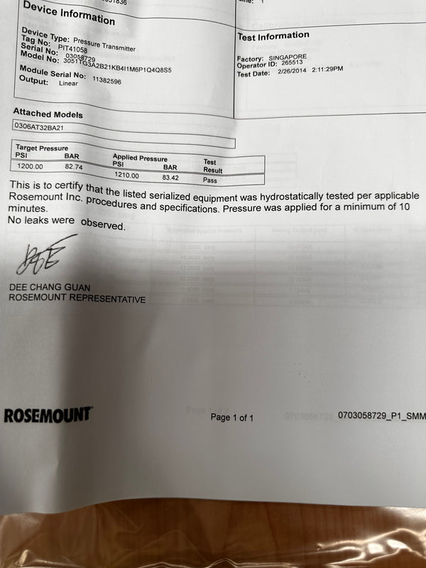 EMERSON ROSEMOUNT In-Line Pressure Transmitter 3051 TG3AB21KB4I1M6P1Q4Q8S5