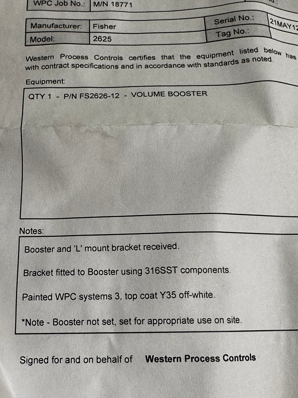 Fisher 2625 Series Pneumatic Volume Booster — FS2526-12 Reference